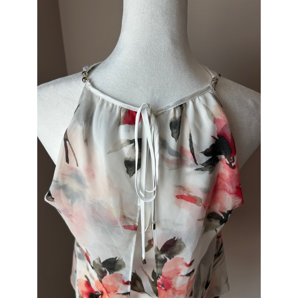 White House Black Market Floral Halter Top XS White Pink Watercolor Chiffon - Picture 5 of 9